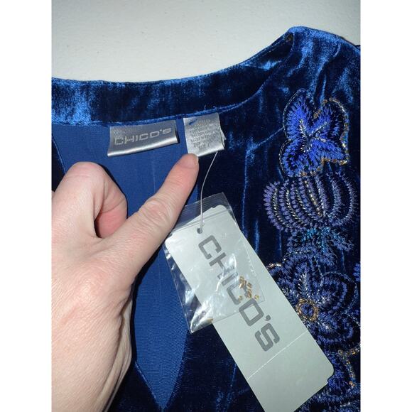 Chico's Blue Silk Velvet Beaded Embroidered Boho Holiday Long-sleeved Top M NWT - Picture 3 of 6